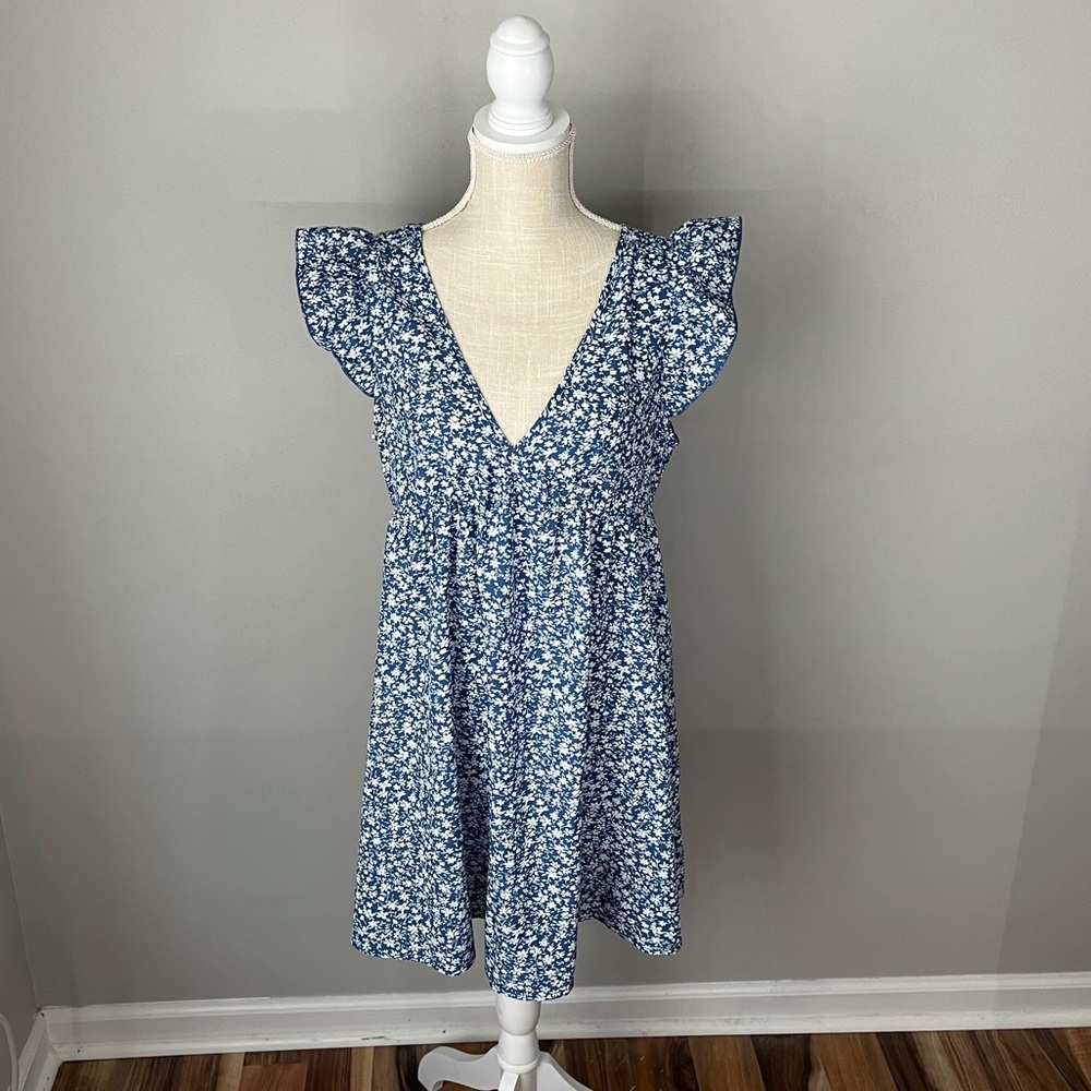 Blue Floral Ruffle Sleeve Mini Dress